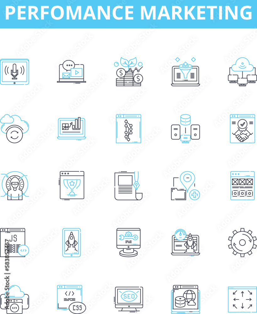 Perfomance marketing vector line icons set. Performance, Marketing, Digital, Advertising, ROI, Conversion, Revenue illustration outline concept symbols and signs Perfomance marketing vector line icons set. Performance, Marketing, Digital, Advertising, ROI, Conversion, Revenue illustration outline concept symbols and signs
