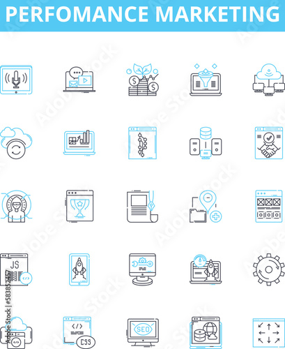 Perfomance marketing vector line icons set. Performance, Marketing, Digital, Advertising, ROI, Conversion, Revenue illustration outline concept symbols and signs