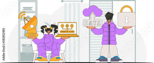 Guy and girl in IoT industry team, modern vector char style.