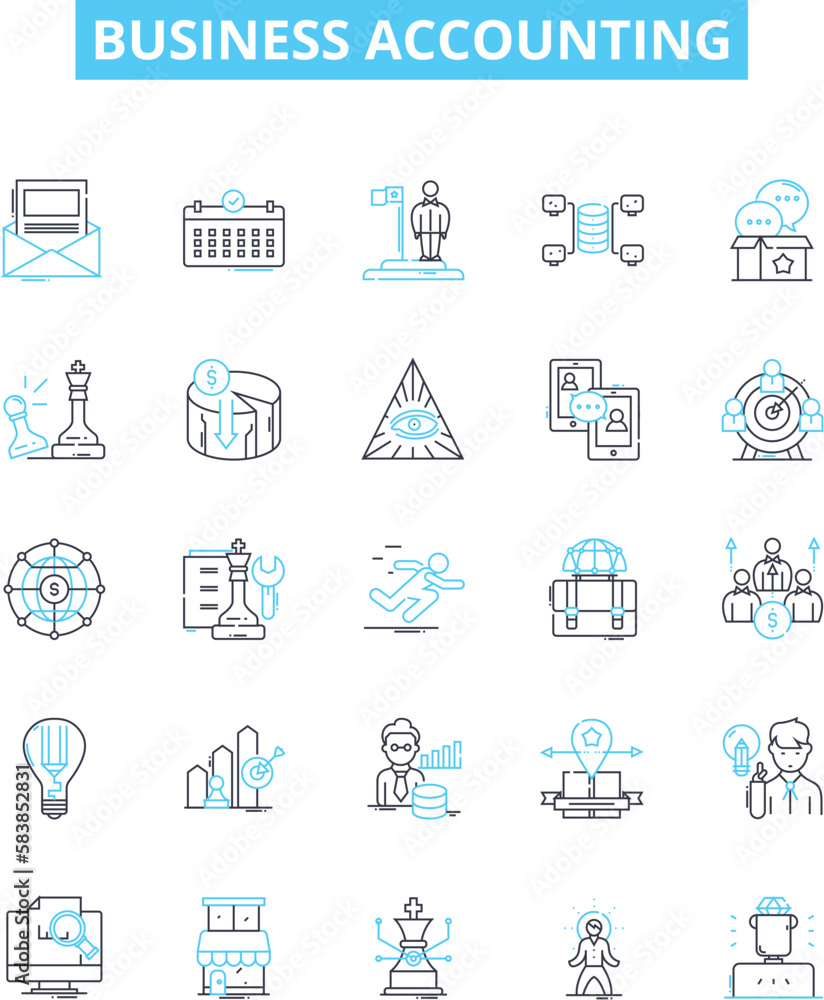 Business accounting vector line icons set. Accounting, Business, Finance, Bookkeeping, Taxation, Ledger, Profits illustration outline concept symbols and signs Business accounting vector line icons set. Accounting, Business, Finance, Bookkeeping, Taxation, Ledger, Profits illustration outline concept symbols and signs