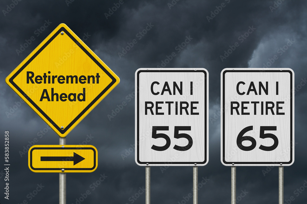 Retirement ahead with age of 55 and 65 street signs Retirement ahead with age of 55 and 65 street signs