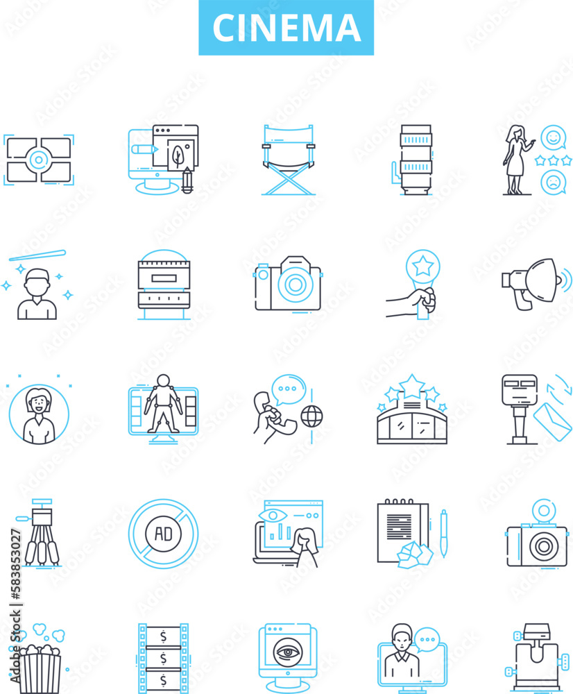 Cinema vector line icons set. Movie, theatre, film, projection, celluloid, digital, reel illustration outline concept symbols and signs
