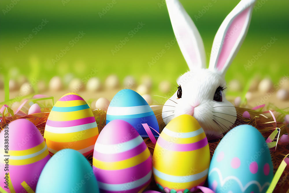 Easter bunny hiding behind colorful eggs in the grass, CG style, Generative AI
