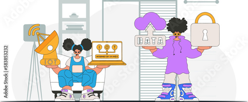 .Guy and girl working together for success in the IOT industry . modern, vectorised characters. photo