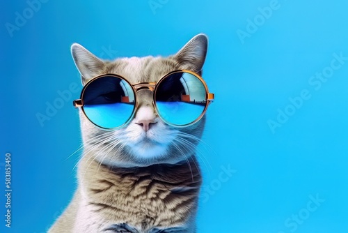 Cat Wearing Sunglasses on Blue Studio Background. Generative AI