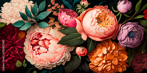 Fototapeta Naklejka Na Ścianę i Meble -  Repeating pattern set peony flowers multicolored, on black background, banner with space for text, floral arrangement holiday wedding concept. Generative AI.