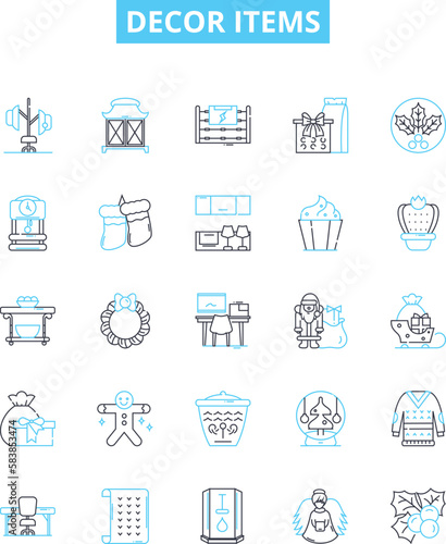 Decor items vector line icons set. Furnishings, Rugs, Lighting, Wallpaper, Mirrors, Curtains, Vases illustration outline concept symbols and signs