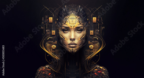 Technology background. Female face robot Advanced artificial intelligence, data flow concept. Generative AI © Ms_Tali