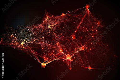 abstract desktop background in red with glowing futuristic lights and connencted spots with black background and solar system or milky way energy 
