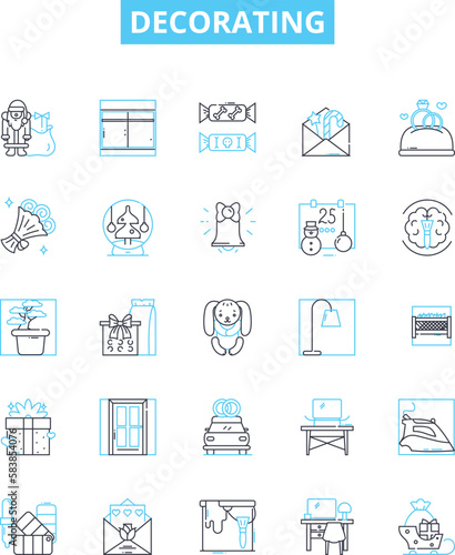 Decorating vector line icons set. Paint, Wallpaper, Furnishings, Curtains, Rugs, Carpets, Artwork illustration outline concept symbols and signs