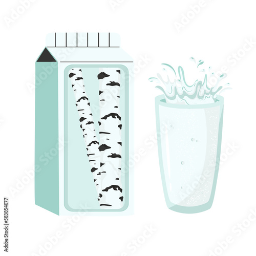 Birch juice in a glass and a pack. Drink. Vector set