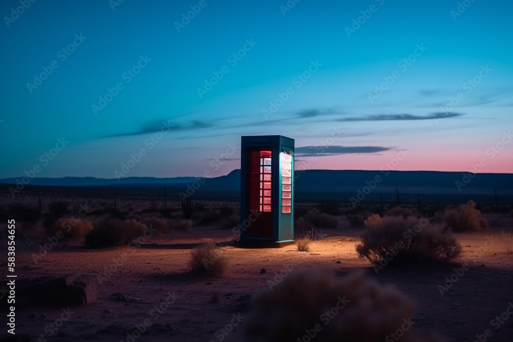 Telephone booth in desert standing alone. Generative AI illustration Telephone booth in desert standing alone. Generative AI illustration