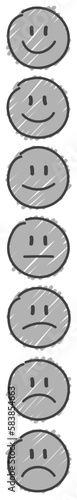 7 Graue Handgezeichnete Stimmungsgesichter Schwarzer Rand Vertikal Positiv zu Negativ