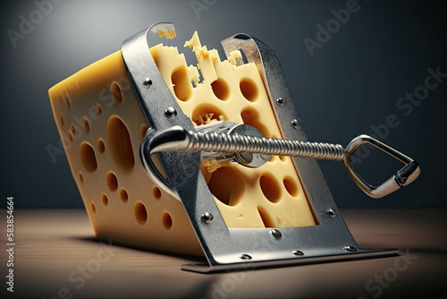 close-up of a slice of cheese with teethmarks in it, surrounded by the metal jaws of the mousetrap, created with generative ai photo