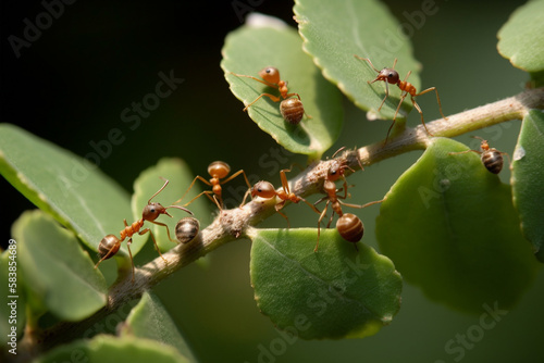 Ants macro image carrying a leaf. Generative AI illustration © 4kate