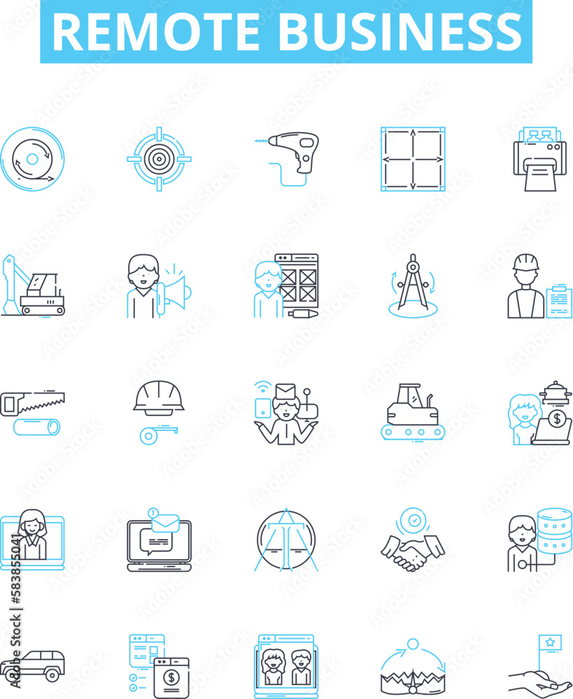 Remote business vector line icons set. Remote, Business, Teleworking, Telecommuting, Virtual, Remotely, Outsourcing illustration outline concept symbols and signs