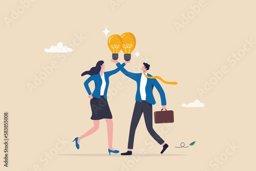 Exchange idea, creativity and innovation, brainstorming or sharing intelligence data, solution or communication, discussing or learn together, businessman and woman share lightbulb idea to colleagues.