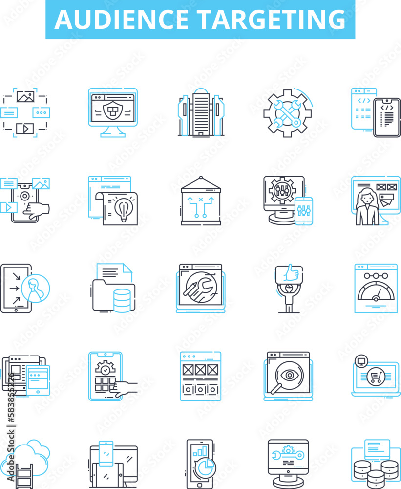 Audience targeting vector line icons set. Audience, targeting, segmentation, profiling, demographics, location, psychographics illustration outline concept symbols and signs