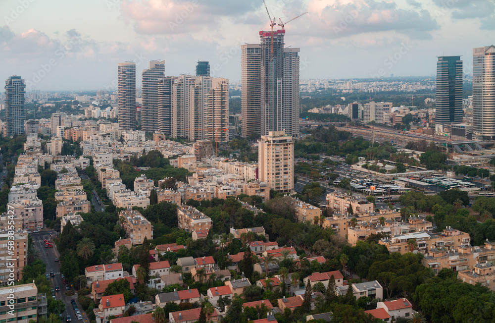 Fototapeta premium Tel Aviv-Yafo, Israel - September 23, 2020: Tel Aviv dormitory green quarters above