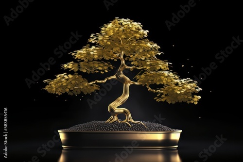 Elegant image with artificial bonsai tree on a black background. This shot will add value to your projects. AI generation