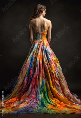 young fictional woman in dress in rainbow colors back view, generative ai
