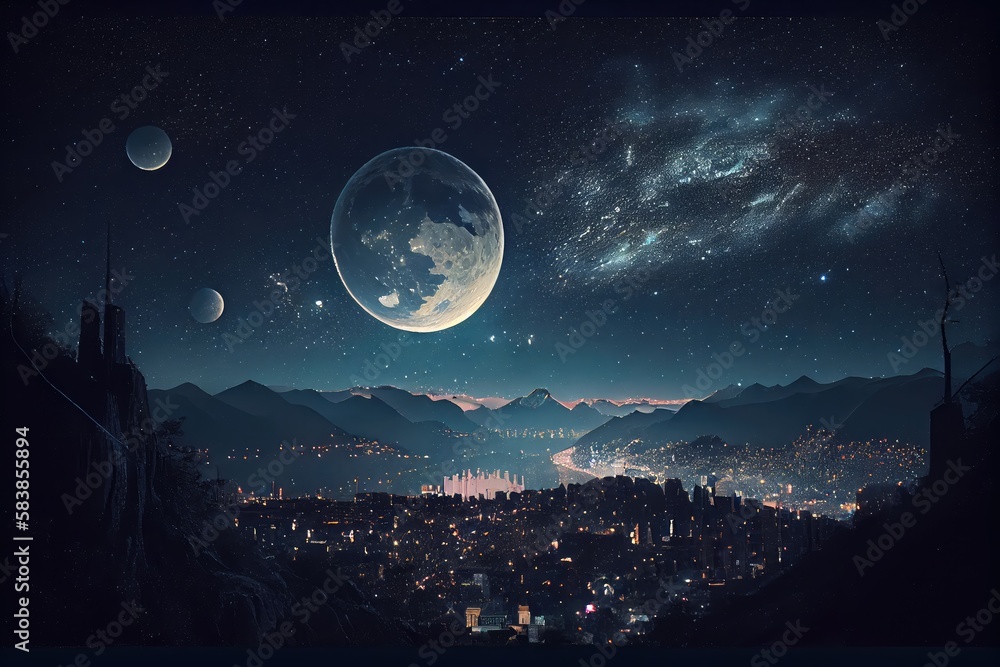 city with view of the stars and the moon shining in a dark night sky ...