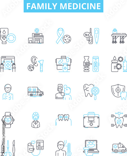 Family medicine vector line icons set. Family, Medicine, Pediatrics, Health, Pediatrics, Care, General illustration outline concept symbols and signs