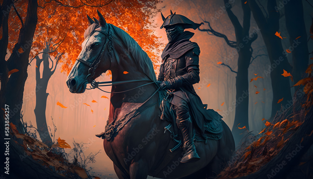 Knight with horse in the forest day. Generative AI