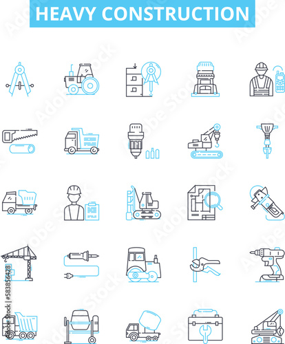 Heavy construction vector line icons set. Heavy, Construction, Excavation, Demolition, Equipment, Machines, Cranes illustration outline concept symbols and signs photo