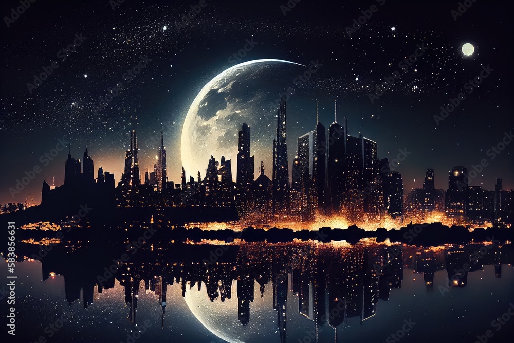 city skyline at night with the moon and stars visible in the sky ...