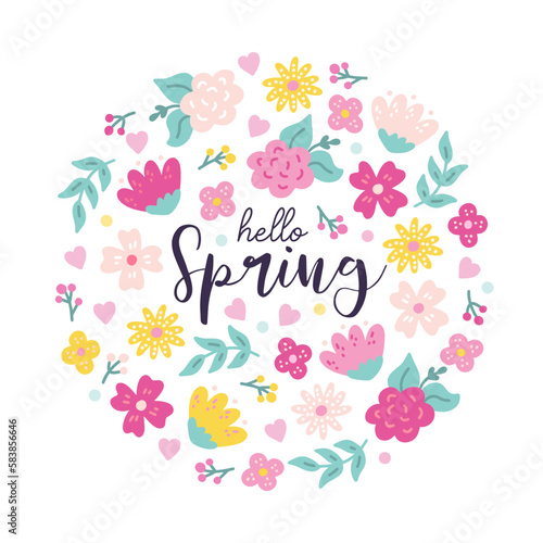 Hello spring greeting card with flowers in the shape of circle, vector flat hand drawn illustration © Vetriya