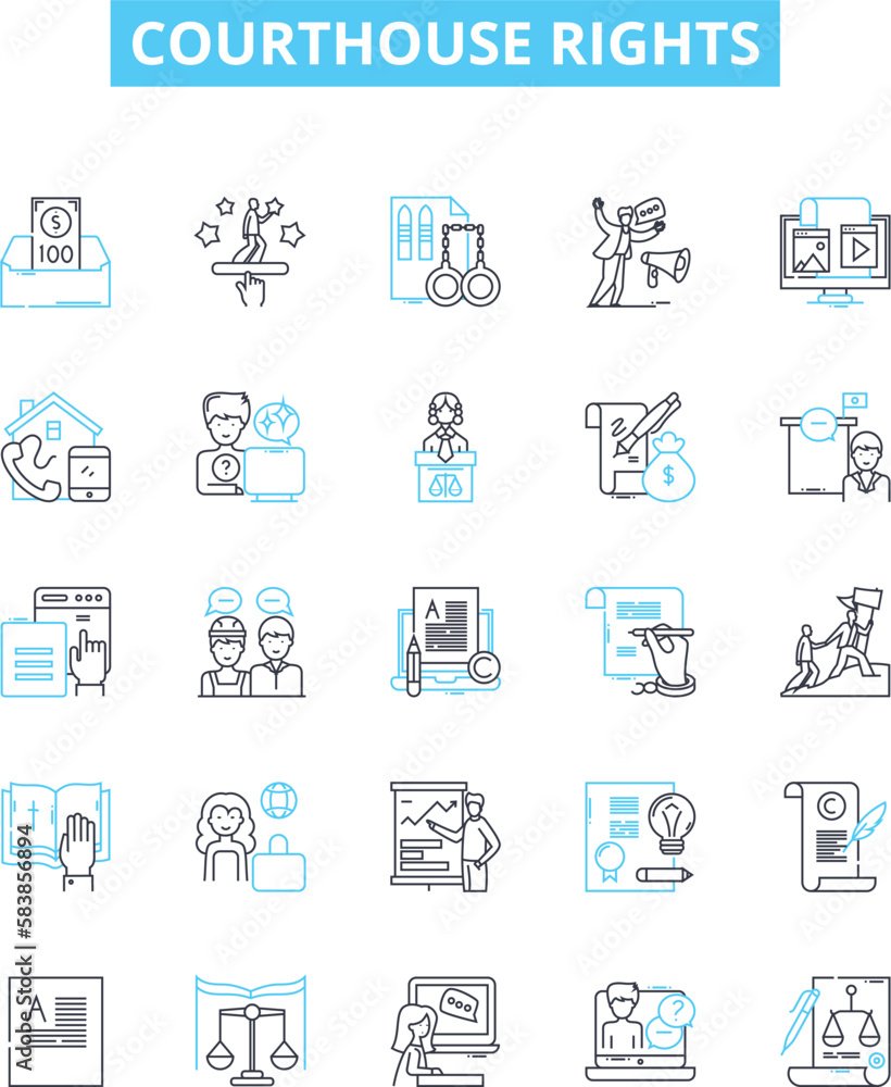 Courthouse rights vector line icons set. Lawyer, Garnishment, Due, Process, Courtroom, Liability, Equity illustration outline concept symbols and signs