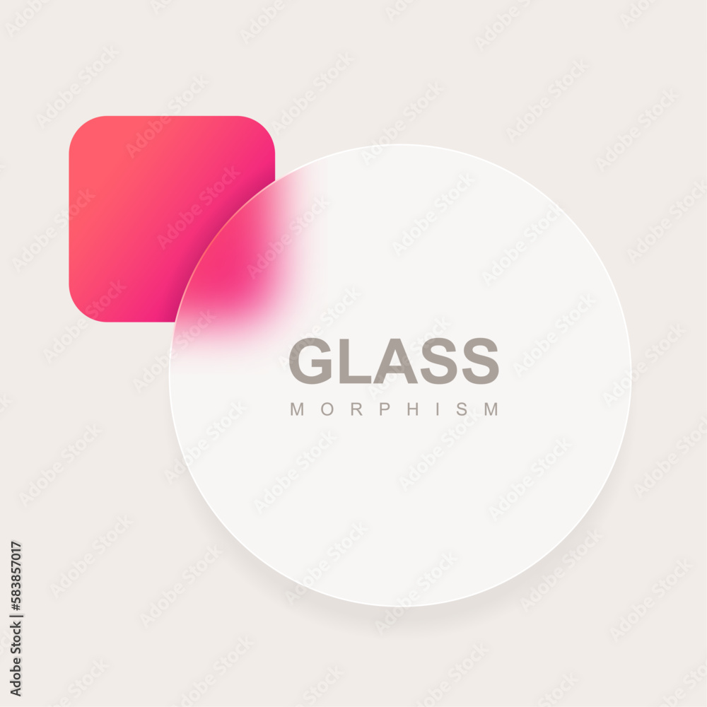 Neomorphism effect with round frosted glass and red blurred square on beige background Neomorphism effect with round frosted glass and red blurred square on beige background