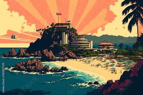 Vintage style beach resort with tropical palm trees. Generative AI