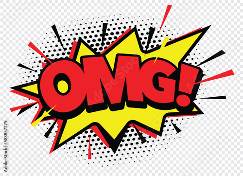 Colour comic speech bubble OMG space on transparent background. Ballon and explosion. Vector Illustration and graphic elements.