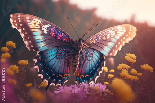 Big tropical butterfly on field with flowers. Generative AI © AIproduction
