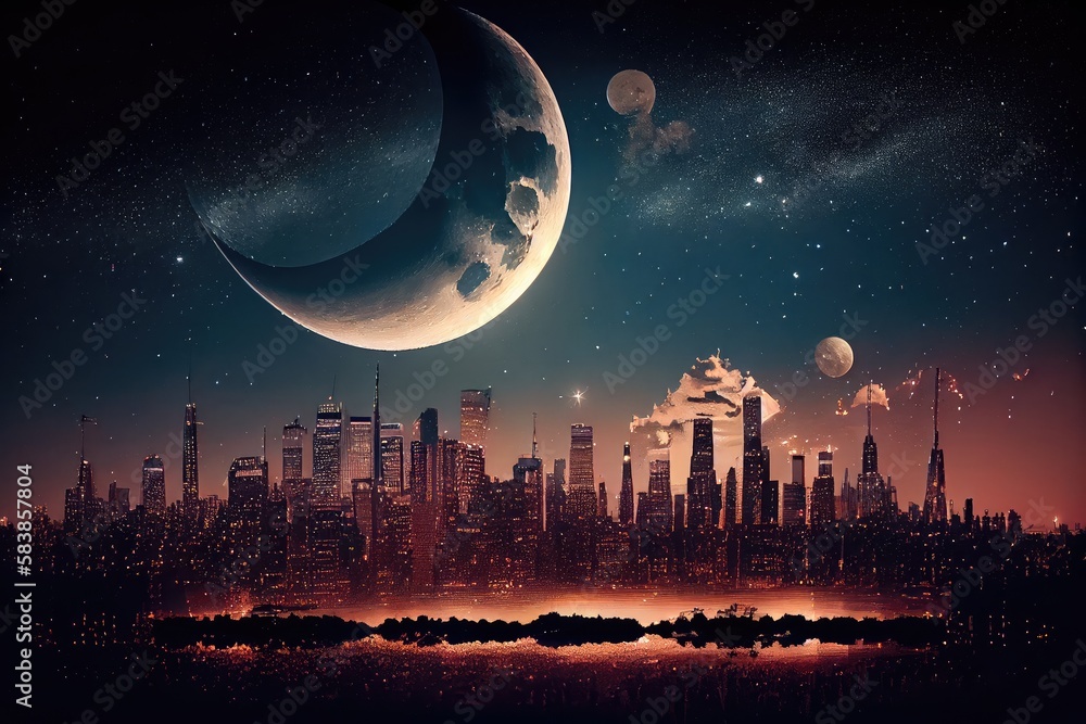 city skyline at night, with the moon and stars shining in the sky ...