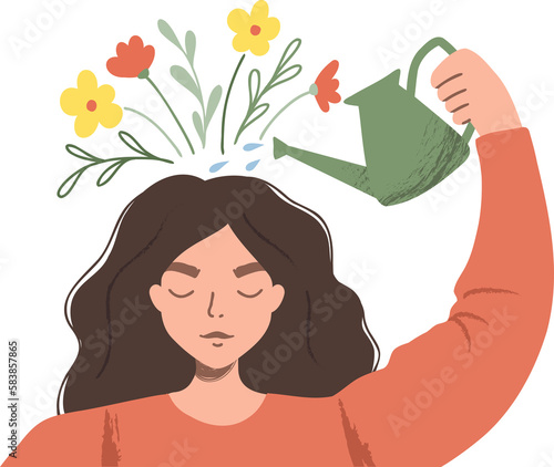 Konstfotografi Woman watering plants that symbolize happy thoughts