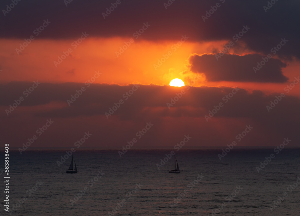 Sailboats go on the water surface during sunset. Seascape