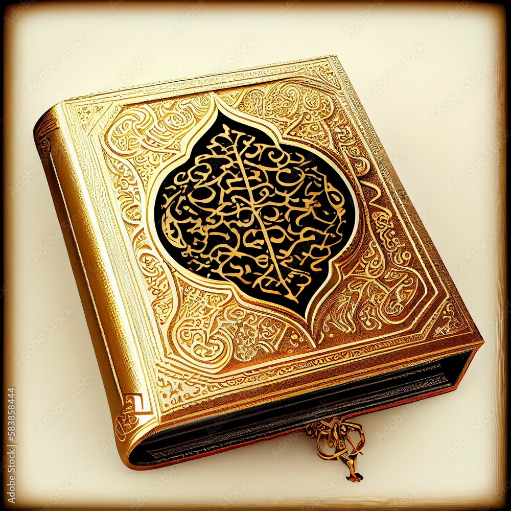 Holy Quran in gold yellow cover on light brown background. Generative AI.