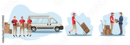 Deliveryman with packages walking to recipient. Courier or postman delivering orders to client or customer. Good delivery service. Vector illustration.