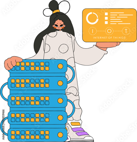 The girl is near the server, brandishing the IoT logo.