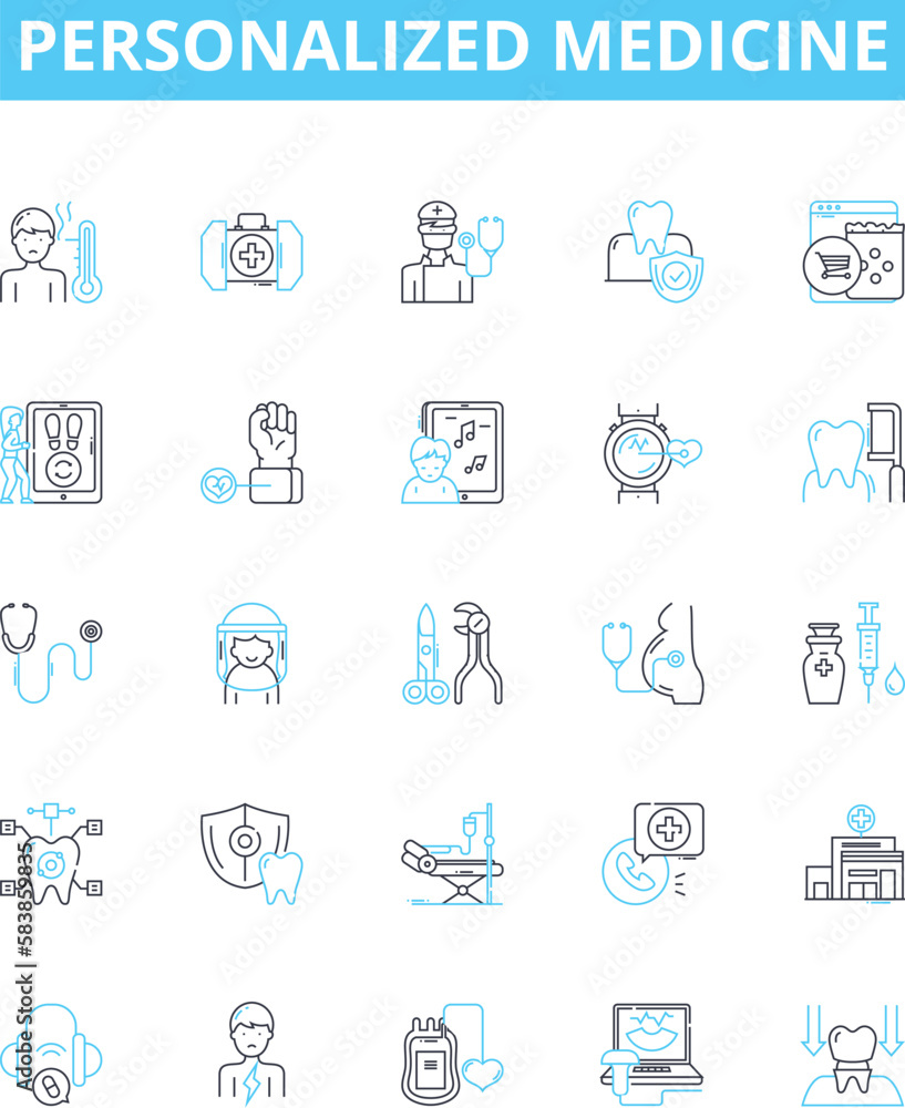 Personalized medicine vector line icons set. Personalized, Medicine, Precision, Genomic, Customized, Therapeutics, Healthcare illustration outline concept symbols and signs