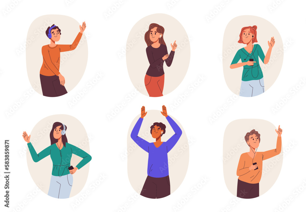 Dancing people vector set. Male and female dancers characters moving to music, dancing and enjoying party flat vector illustration collection
