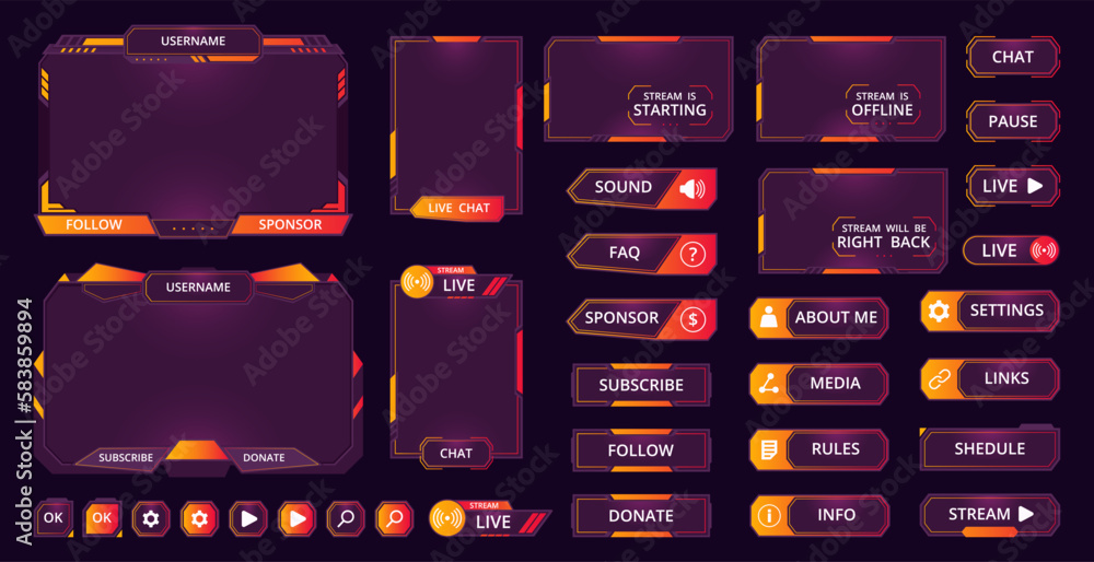 Gamers stream screen frames. Graphic game streaming interface, mmo game menu, garish frames, bars and buttons flat vector illustration set. Modern gamers stream collection