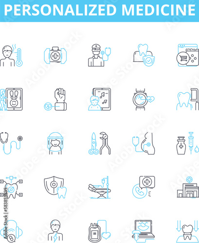 Personalized medicine vector line icons set. Personalized, Medicine, Precision, Genomic, Customized, Therapeutics, Healthcare illustration outline concept symbols and signs
