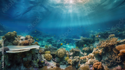 Fototapeta Naklejka Na Ścianę i Meble -  Ocean underwater scene of picturesque coral reef. Based on Generative AI