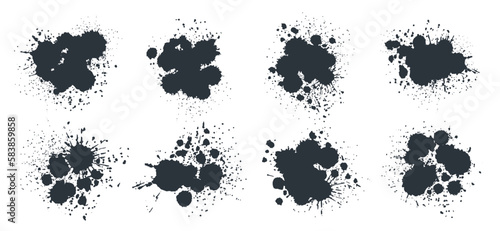 Black paint drops vector set. Abstract ink splashes and spots, grunge ink splatters. Ink messy drops silhouettes flat vector illustration bundle