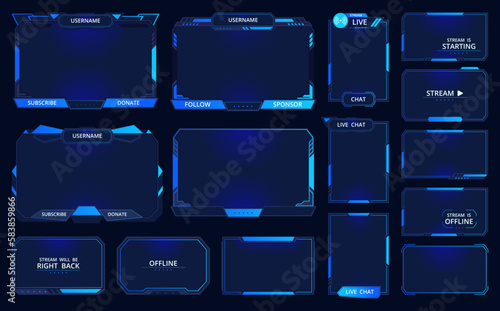 Game stream frames. Futuristic gamers live streaming interface screen, mmo game menu garish frames flat vector illustration set. Gamers stream elements