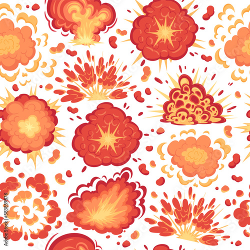 Cartoon bomb explosions vector seamless pattern. Dynamite detonation fire burning clouds, bomb explosion with fire and smoke clouds vector background illustration